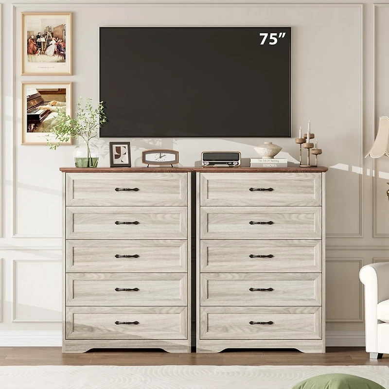 gaomon Farmhouse 5-Drawer Tall Dresser with Wide Metal Handles, Natural Wood Storage Chest for Bedroom & Living