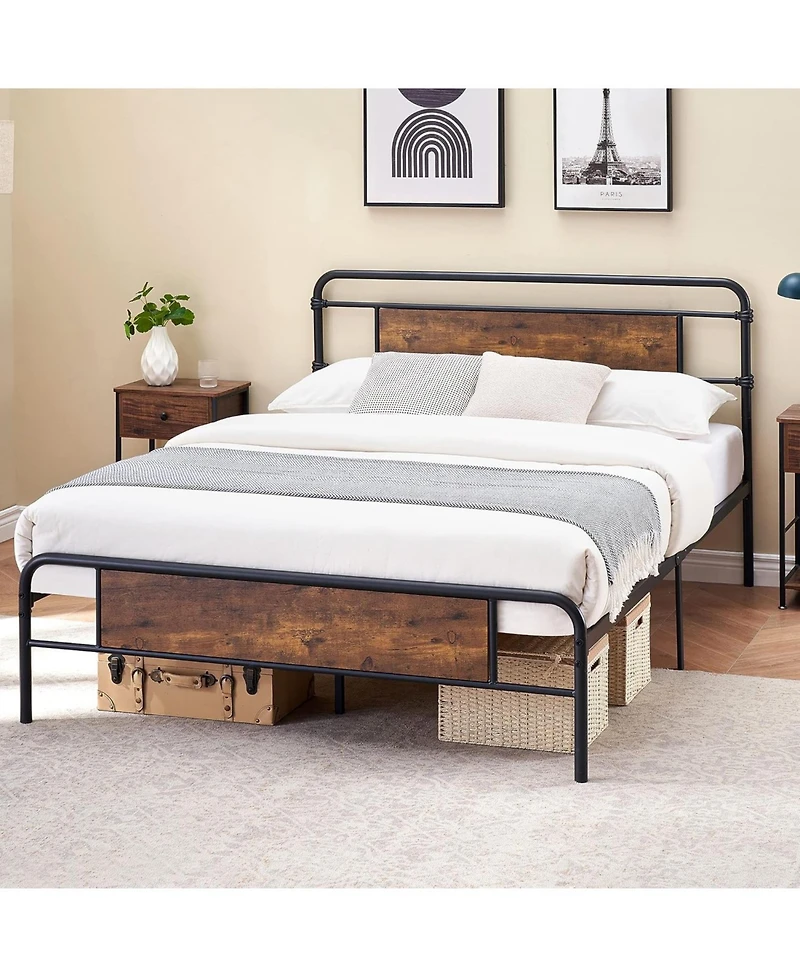 gaomon Queen Platform Bed With Rustic Wood Headboard Strong Metal Slats Mattress Support No Box Spring