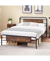 gaomon Queen Platform Bed With Rustic Wood Headboard Strong Metal Slats Mattress Support No Box Spring