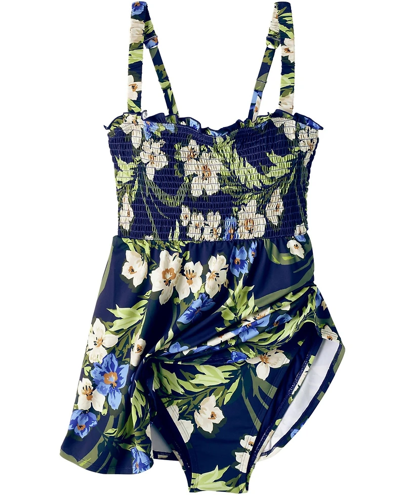 Lands' End Plus Square Neck Smocked Mini Swim Dress