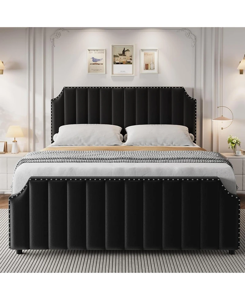 gaomon King Velvet Bed Frame 50 Inch Channel Tufted Tall Headboard Upholstered Platform Nailhead No Box Spring
