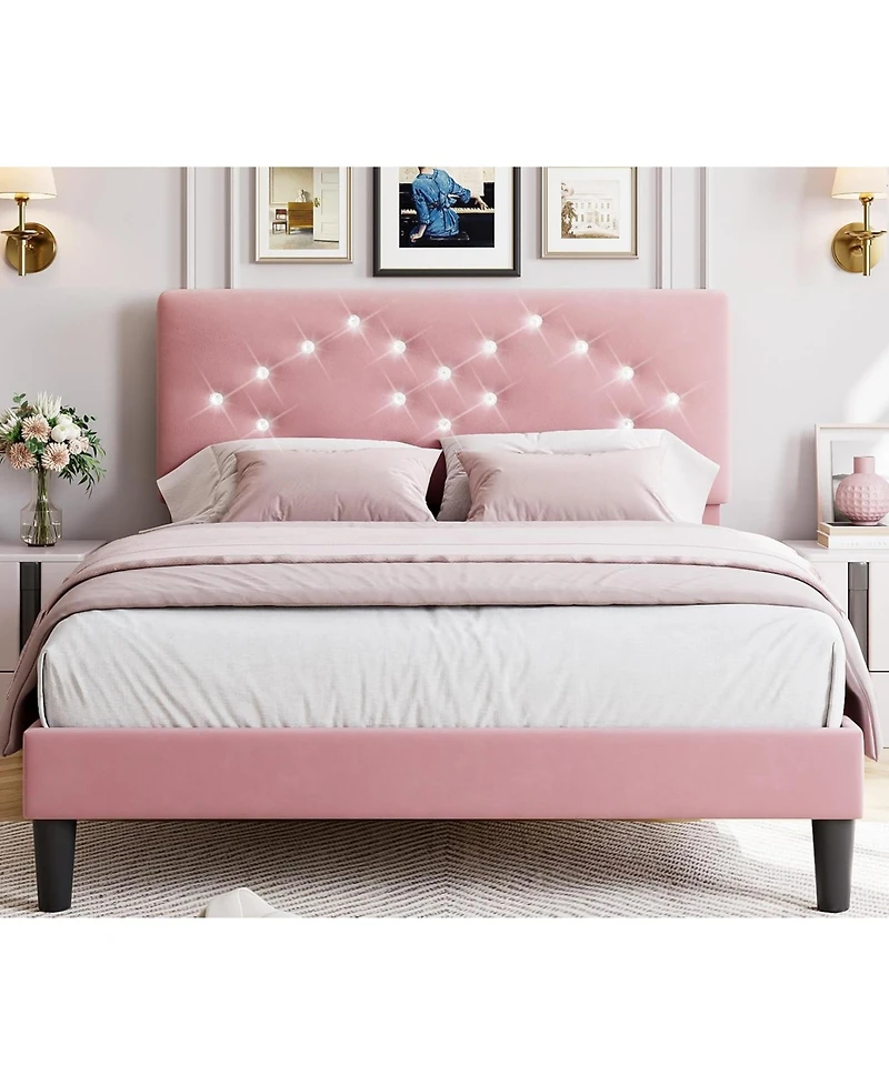 gaomon Queen Bed Frame with Headboard Upholstered Platform Crystal Diamond Tufted for Kids Easy Assembly Wood Slats No Box Spring