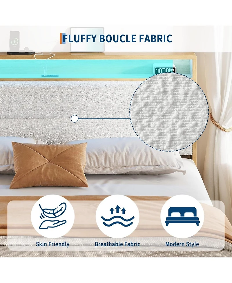 gaomon Boucle Bed Frame with Led Lights Charging 2 Storage Headboards No Box Spring Easy Assembly Noise Free
