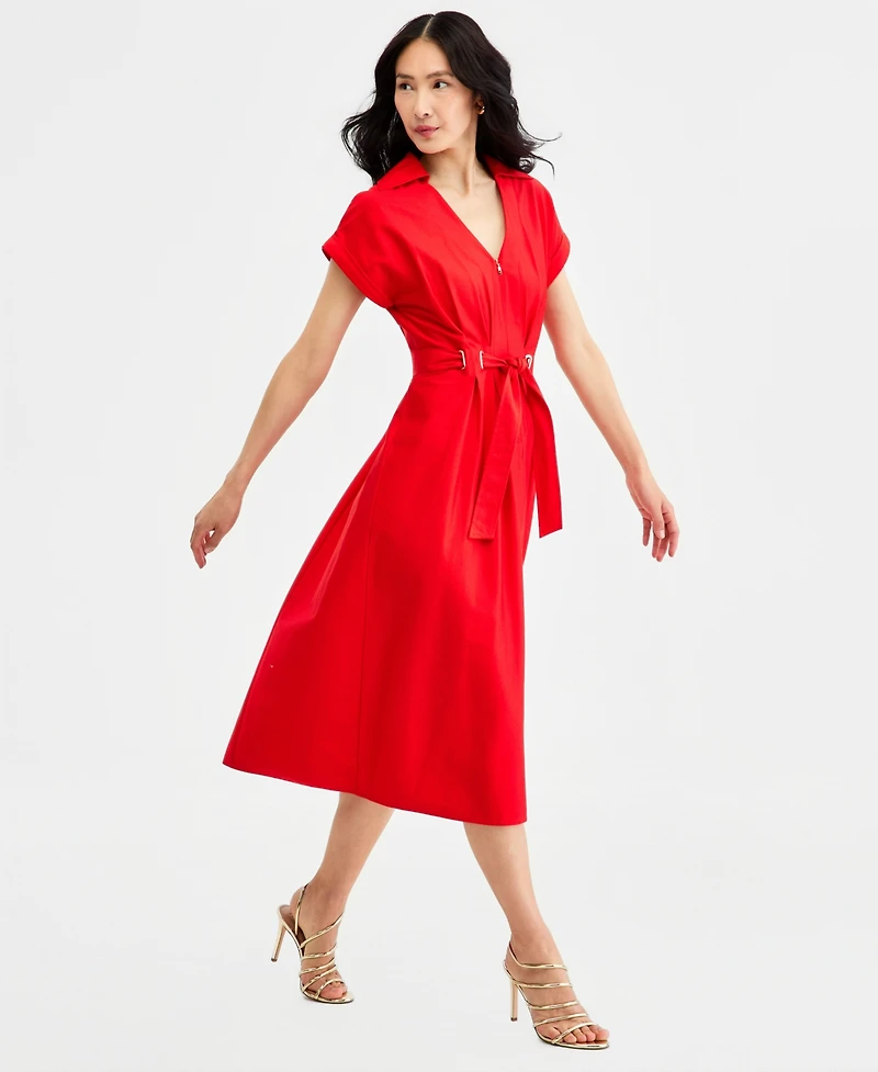 Halston Women's Collared Belted Grommet-Waist Midi Dress