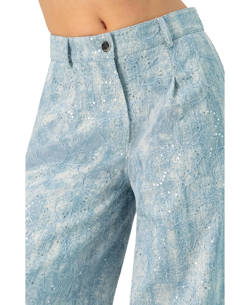 Ivonne Women's Wide Leg Embroidered Jeans