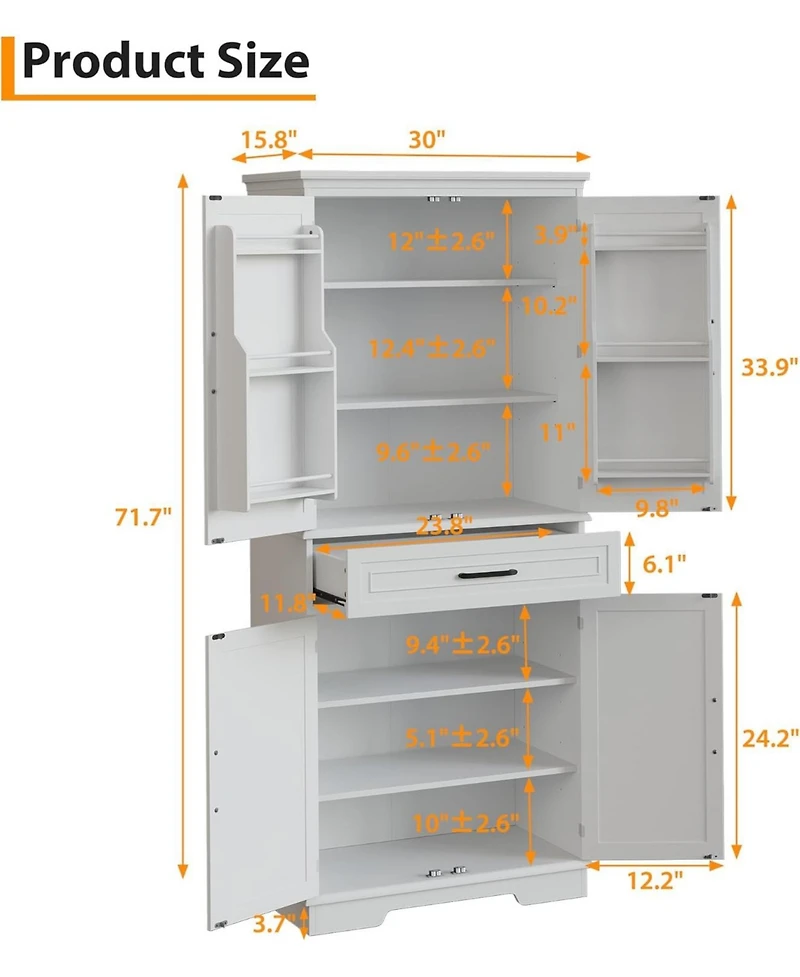 Gaomon 72" Tall Kitchen Pantry Storage Cabinet, Freestanding Cupboard with 1 Drawer & 4 Doors, 3 Adjustable Shelves, Large Storage Cabinet