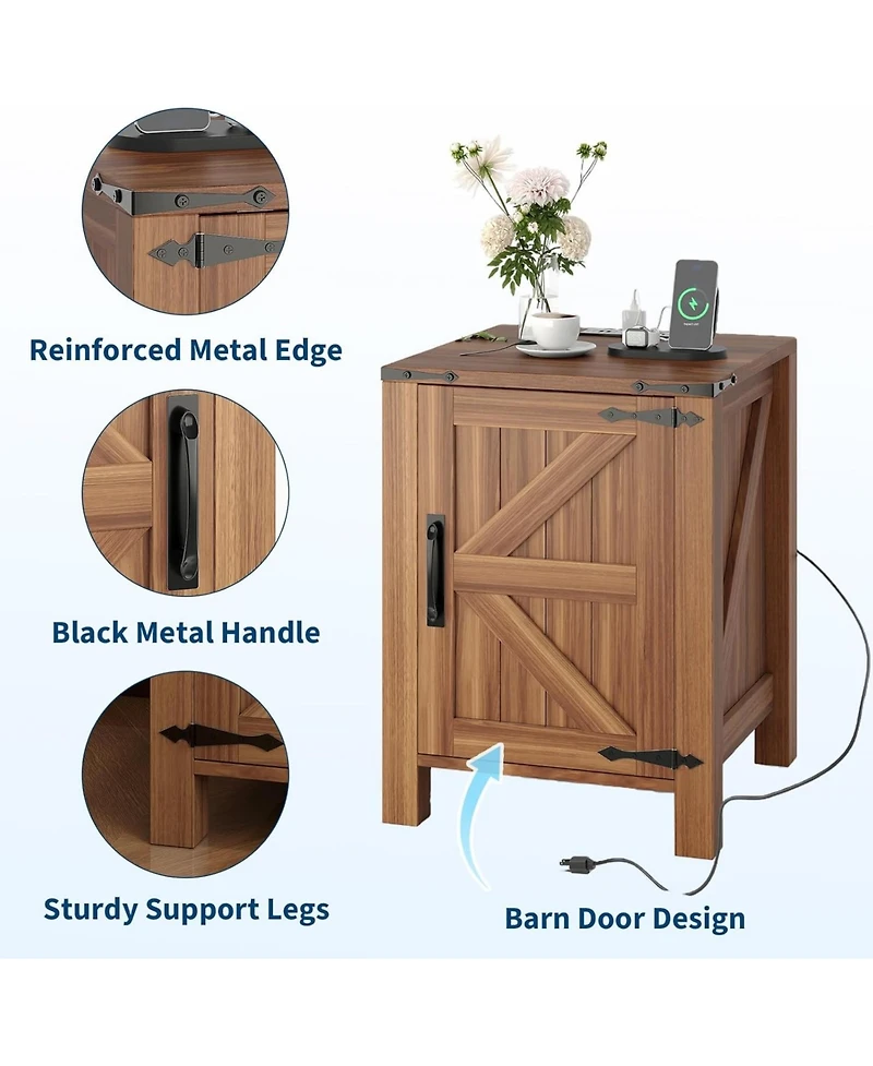 Gaomon Bedside Table with Usb Charging Station – Rustic Wooden Bedside Table with Sliding Barn Door, Adjustable Shelf