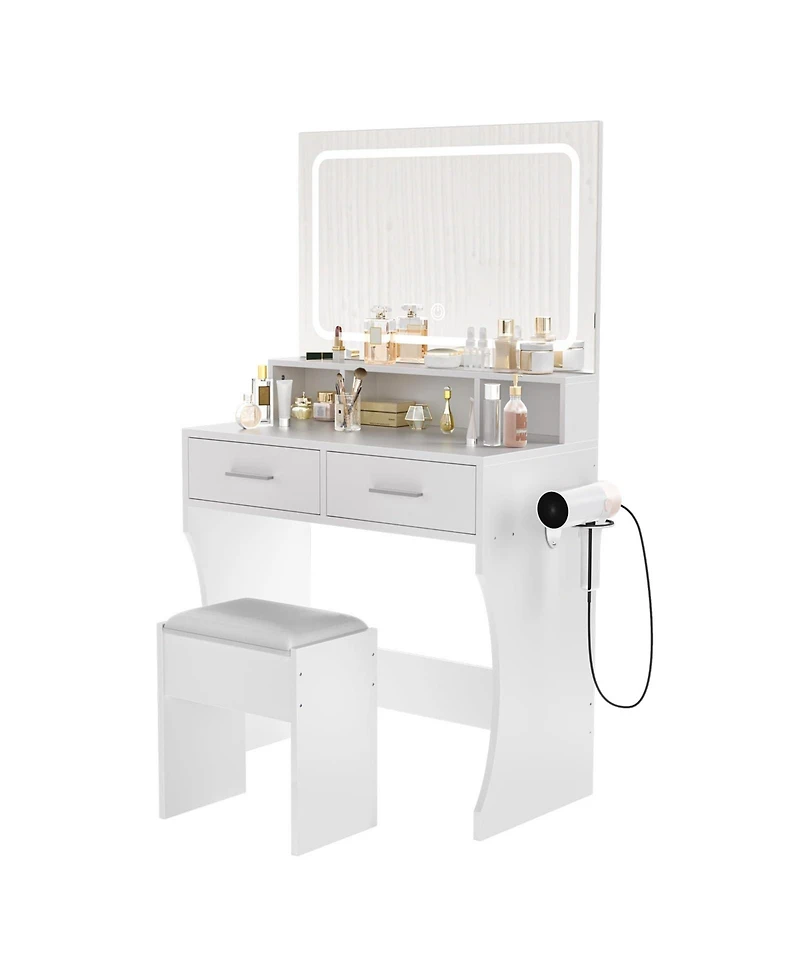 Gaomon Modern Small Makeup Vanity Set with 3-Mode Led Mirror, 2 Drawers, Stool and Power Outlets