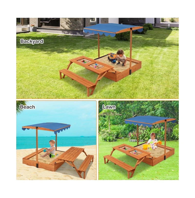 Hongge Kids Wooden Sand Box with Foldable Picnic Sensory Table and Bench