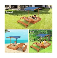 Hongge Kids Wooden Sand Box with Foldable Picnic Sensory Table and Bench