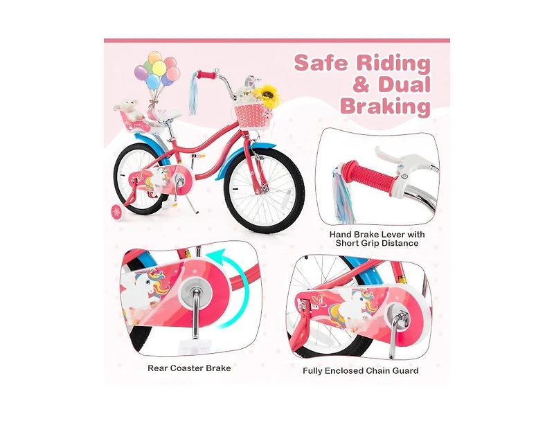 Hongge 18 Inch Girls Bike with Doll Seat and Training Wheels for 3-5 Years