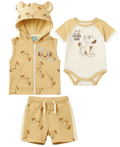 Disney Baby Boys' Simba Print Vest, Bodysuit, and Shorts, 3-Piece Set