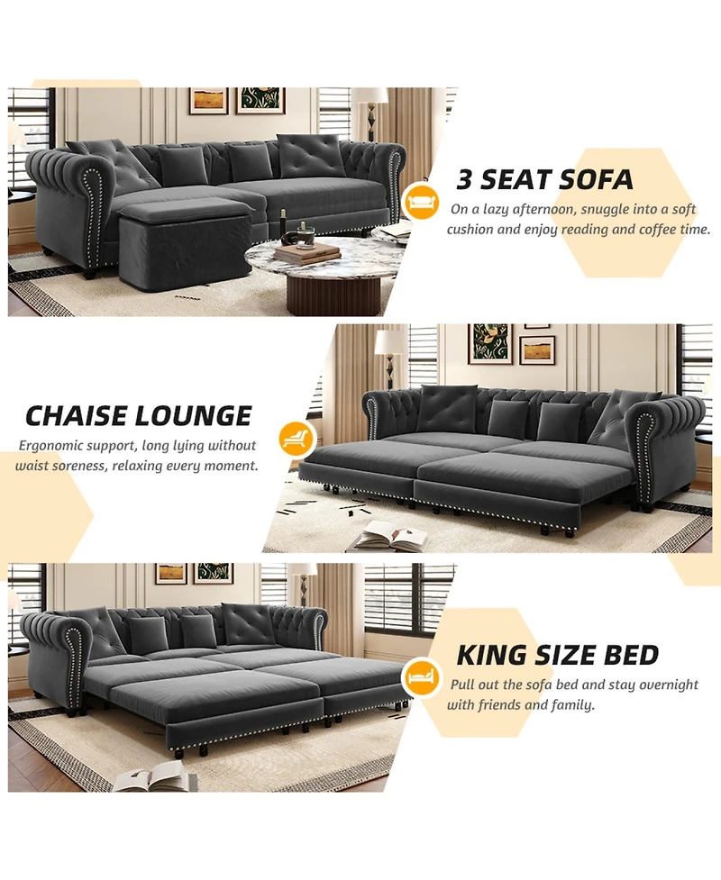 Streamdale Chesterfield Velvet Pull-Out Sofa Bed with Ottoman