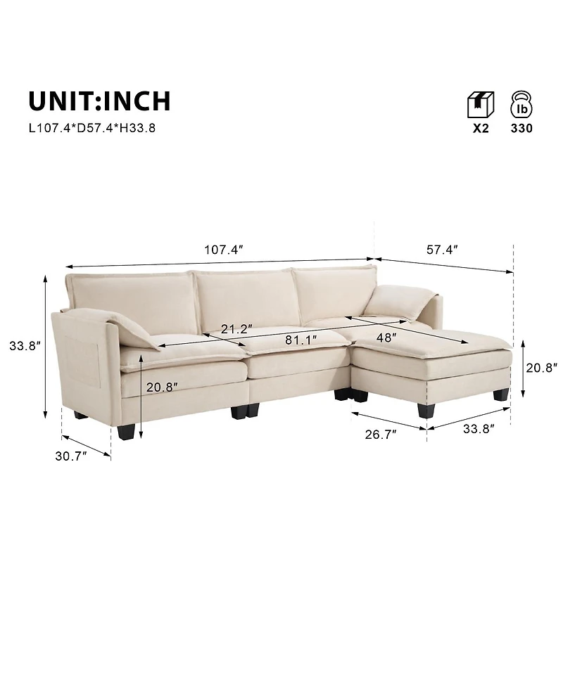 Streamdale Furniture Streamdale L-shaped sofa with storage, cotton-linen velvet, 3 seats, extends, living room