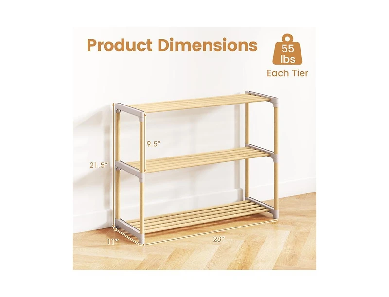 Slickblue 3 Tier Solid Wood Shoe Organizer with Open Slatted Storage