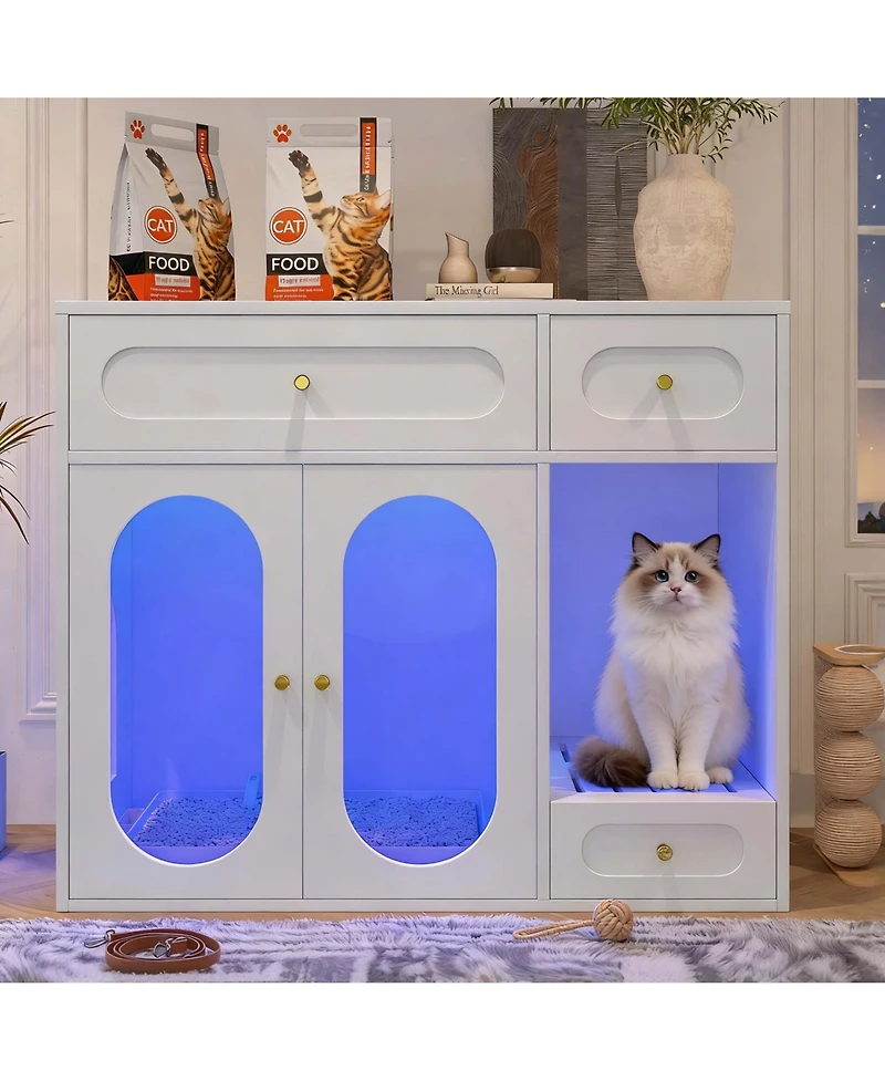 Aostirmotor Cat Litter Box Enclosure with Led Light – End Table with Storage Drawers & Acrylic Doors