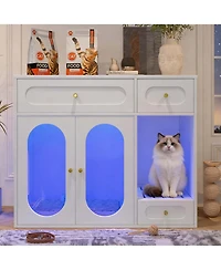 Aostirmotor Cat Litter Box Enclosure with Led Light – End Table with Storage Drawers & Acrylic Doors