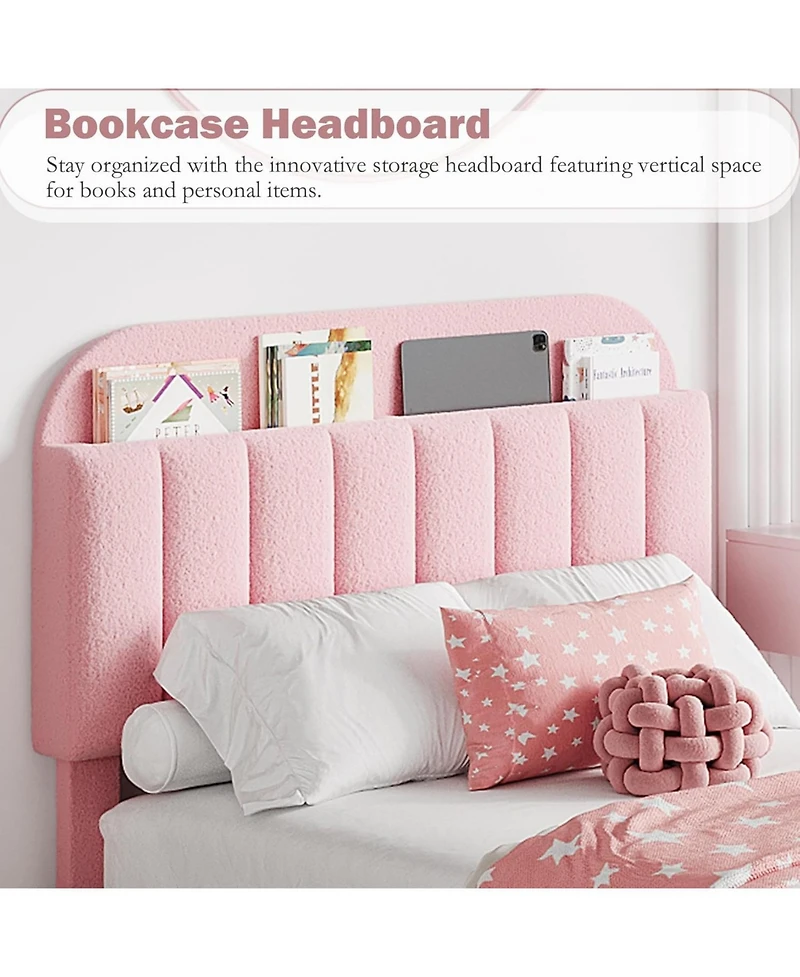 gaomon Bed Frame with Storage Headboard, Kids Bed Frame with 2 Drawers, Boucle Upholstered Platform Bed with Bookcase, No Box Spring Needed