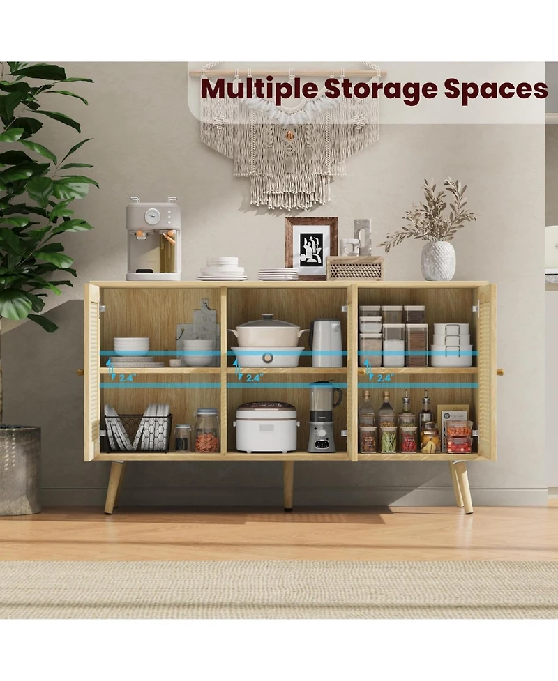 gaomon 47.2" Rattan Sideboard Buffet Cabinet with 3 Doors,Boho Adjustable Shelves, White Console Table for Living R