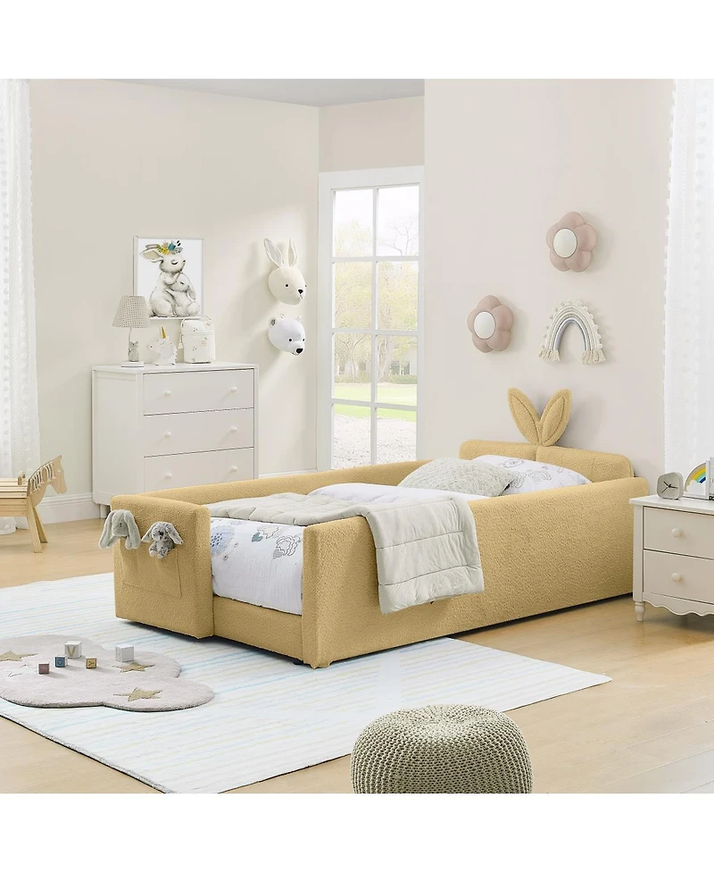 Streamdale Furniture Twin Size Upholstered Platform Bed with Rabbit Ear Headboard & Safety Rail