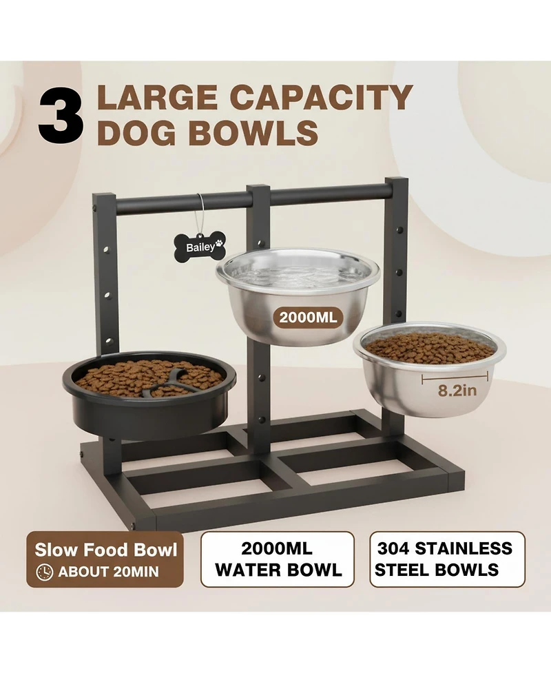Aronkl Dual Sided Elevated Dog Stand 5 Adjustable Heights 3 Bowls Slow Feeder Stainless Steel Non Slip