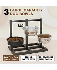 Aronkl Dual Sided Elevated Dog Stand 5 Adjustable Heights 3 Bowls Slow Feeder Stainless Steel Non Slip