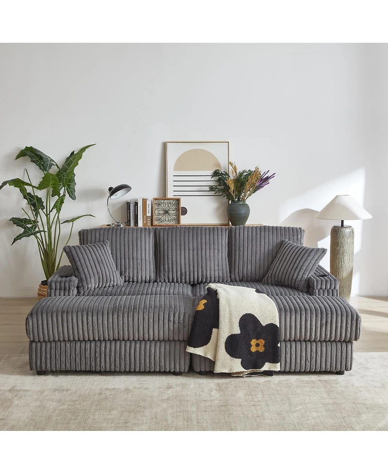 Streamdale Furniture Streamdale 84" Corduroy 3-Seater Sofa w/ Pillows, Ottomans, Storage & Cup Holders