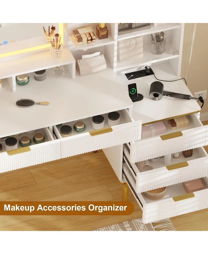 gaomon Modern Fluted Makeup Vanity Desk with Lighted Mirror, 5 Drawers and Power Outlet
