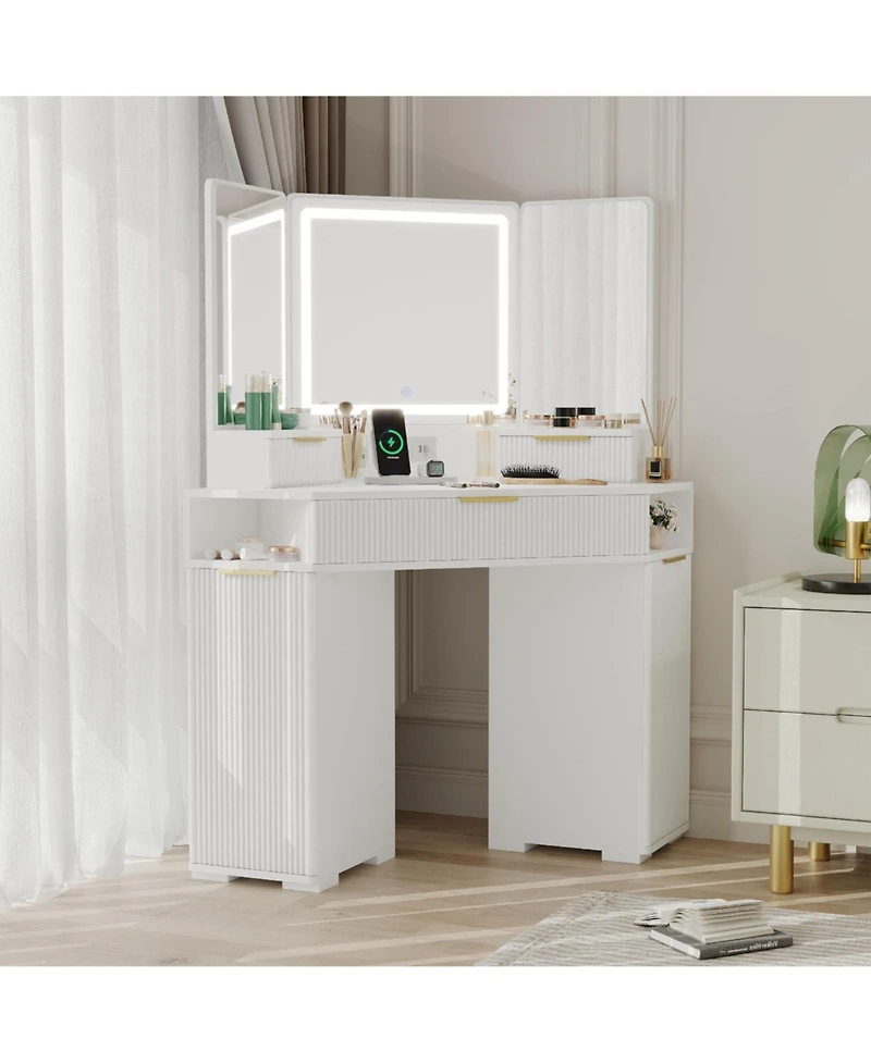 gaomon Fluted Wood Corner Vanity Desk with Lighted Mirror, Drawers, Cabinets and Charging Station