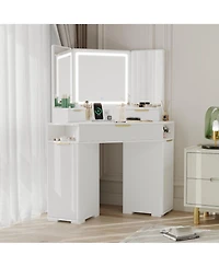 gaomon Fluted Wood Corner Vanity Desk with Lighted Mirror, Drawers, Cabinets and Charging Station
