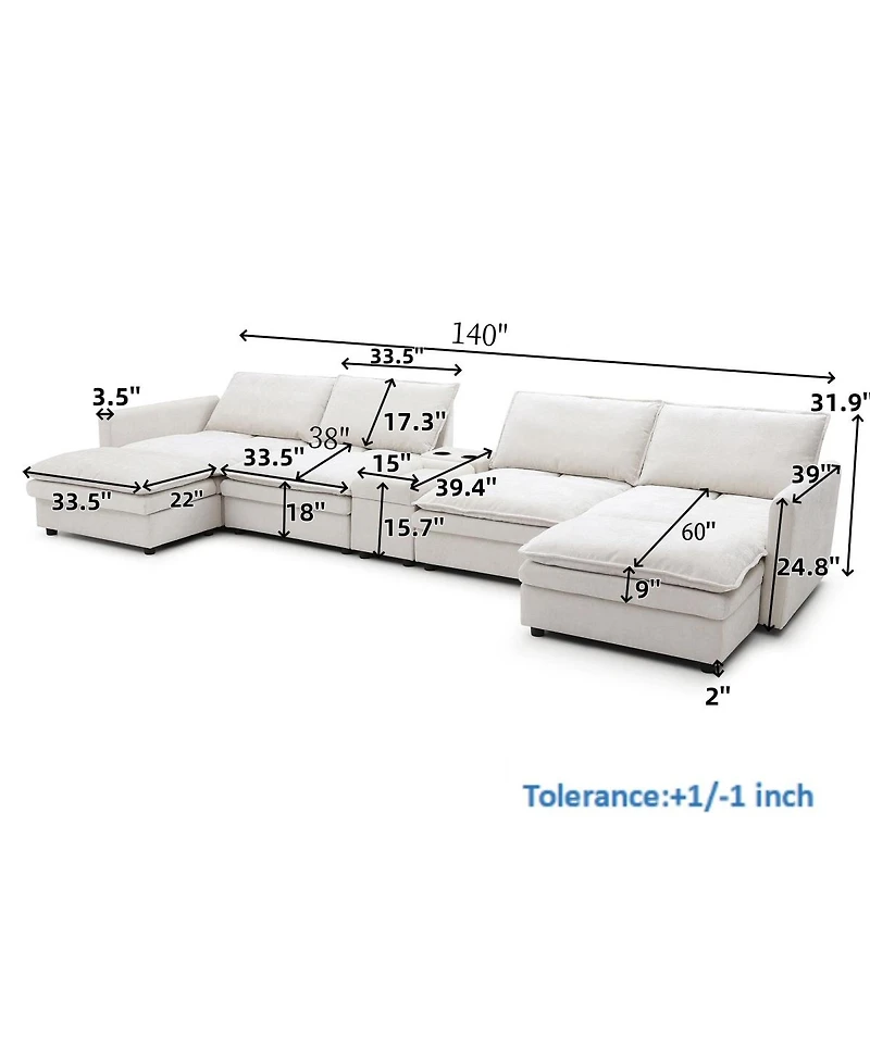 Streamdale Furniture 140" U-Shaped Modular Chenille Cloud Couch, 6-Seater Sofa w/ Ottoman