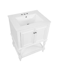 Sillysis 24" Bathroom Vanity with Ceramic Sink, Solid Wood Legs, Carved Palace Style Cabinet, Open Shelf for Small