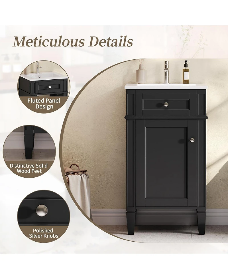 Sillysis 18" Bathroom Vanity with Ceramic Sink, Compact Mdf Storage, Soft Close Door, Modern French Style for Small