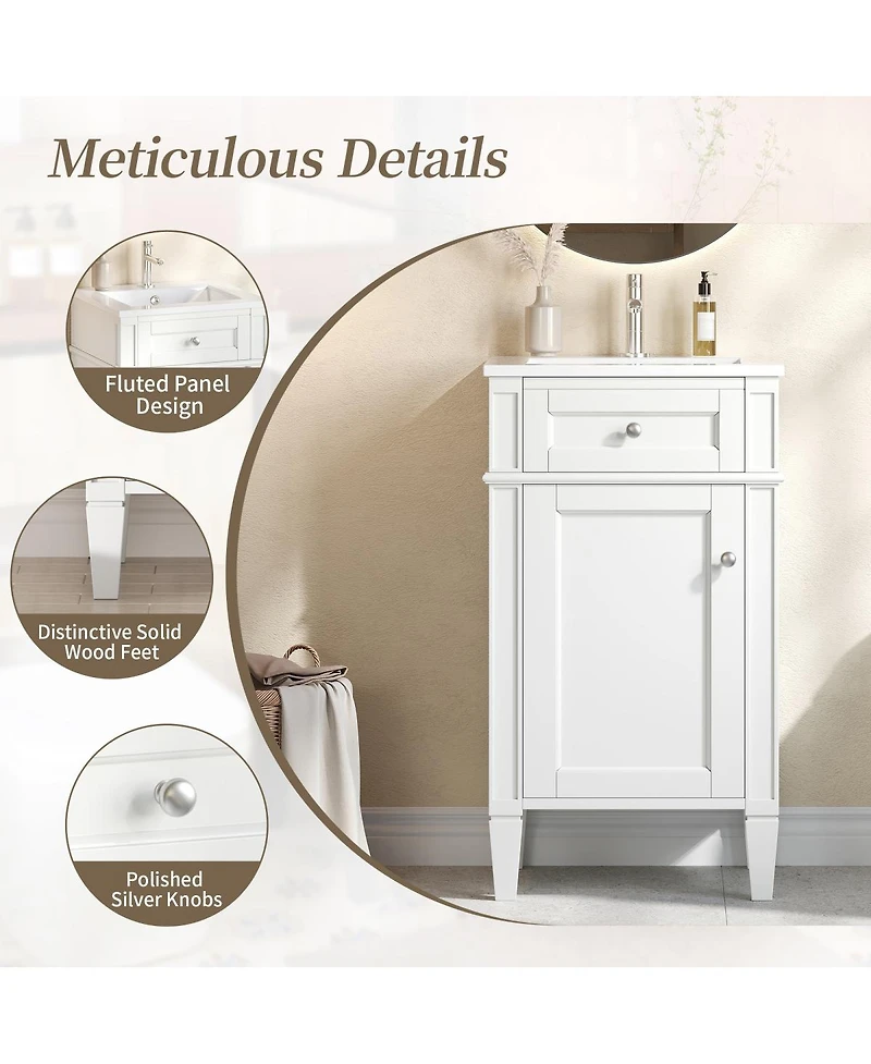 Sillysis 18" Bathroom Vanity with Ceramic Sink, Compact Mdf Storage, Soft Close Door, Modern French Style for Small