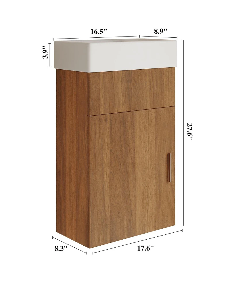 Sillysis 17.6" Small Floating Bathroom Vanity with Ceramic Sink, Walnut Wall Mounted Soft-Close Cabinet for Small Bathroom