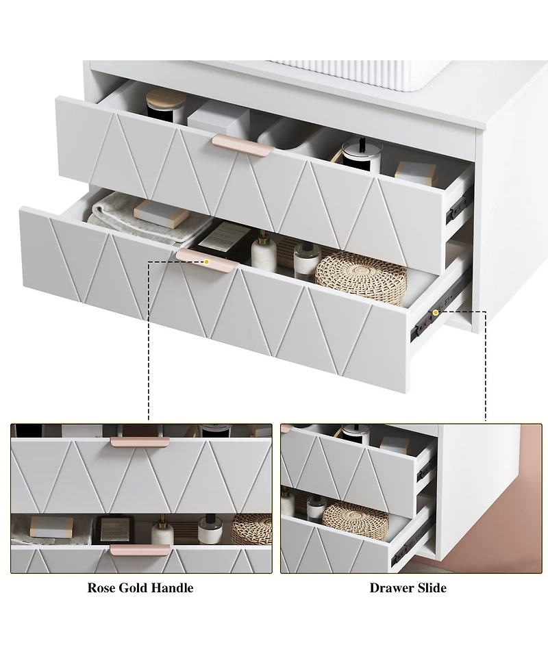 Sillysis Floating Bathroom Vanity with Ceramic Vessel Sink, 2 Soft-Close Drawers, Modern Solid Wood Wall Mounted Cabinet