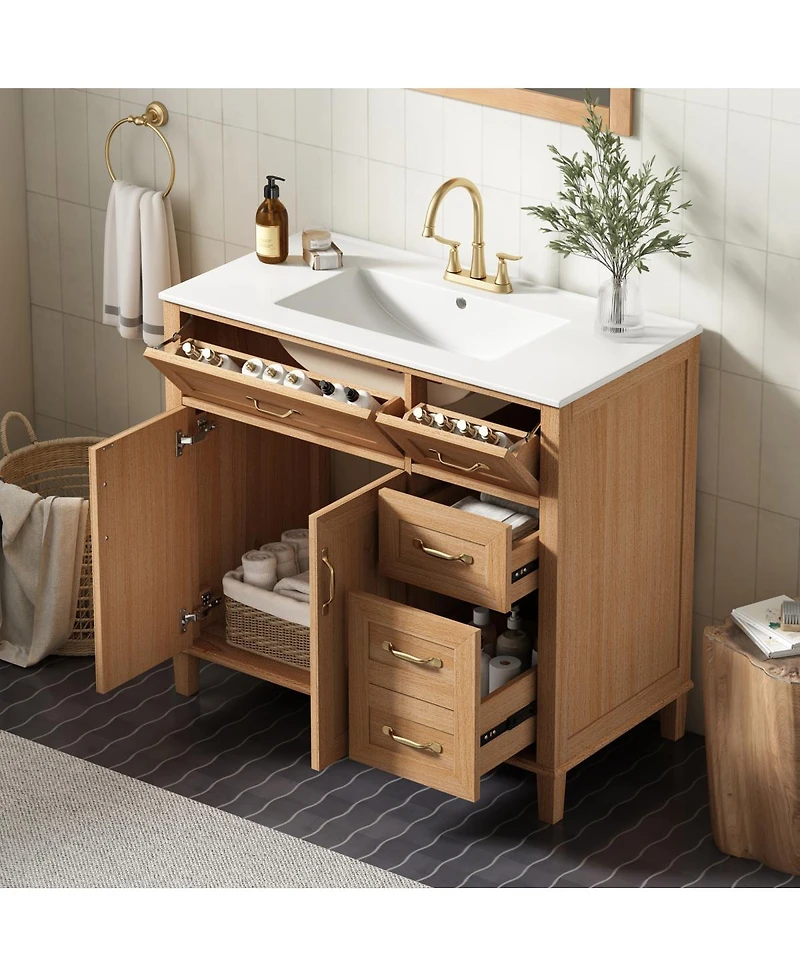 Sillysis 36" Modern Natural Bathroom Vanity with Ceramic Sink, Soft-Close Drawers, Double Door Cabinet, Ample Storage for Bathroom