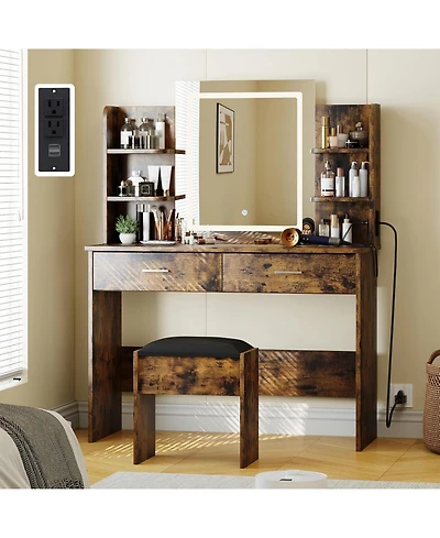 gaomon Vanity Desk with Mirror and Lights, Makeup Vanity Desk with Lights 3 Colors, Makeup Table with 2 Drawers