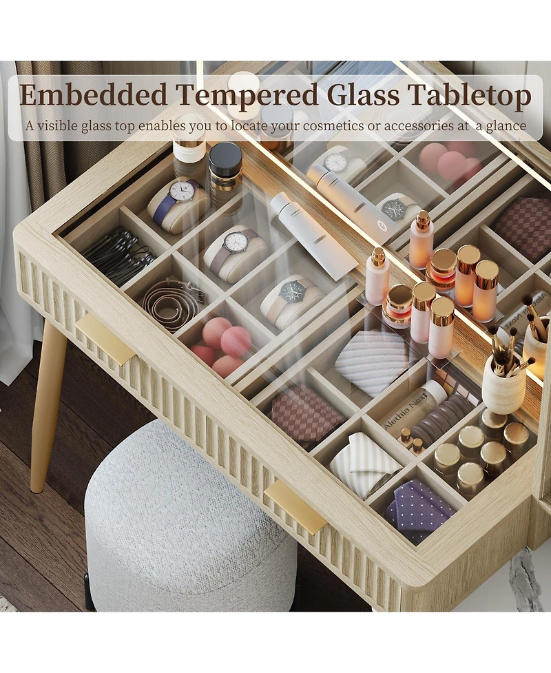 gaomon Modern Fluted Wood Makeup Vanity Desk with Glass Top, 5 Drawers and Charging Station