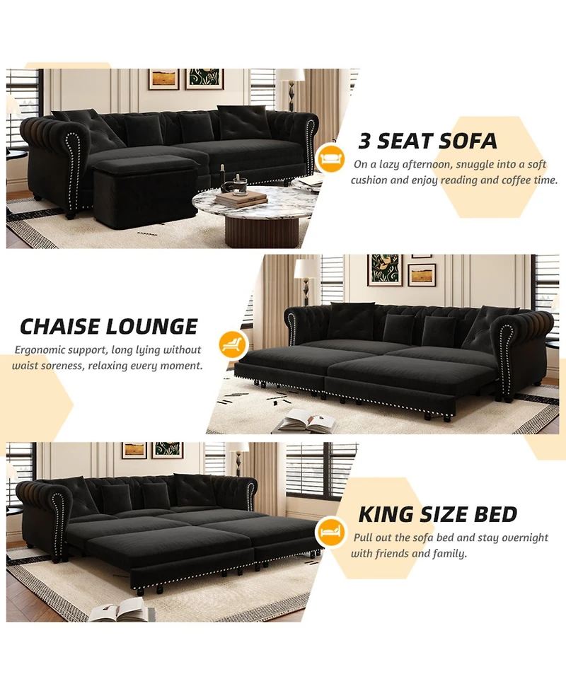 Streamdale Furniture Chesterfield Velvet Pull-Out Sofa Bed with Ottoman