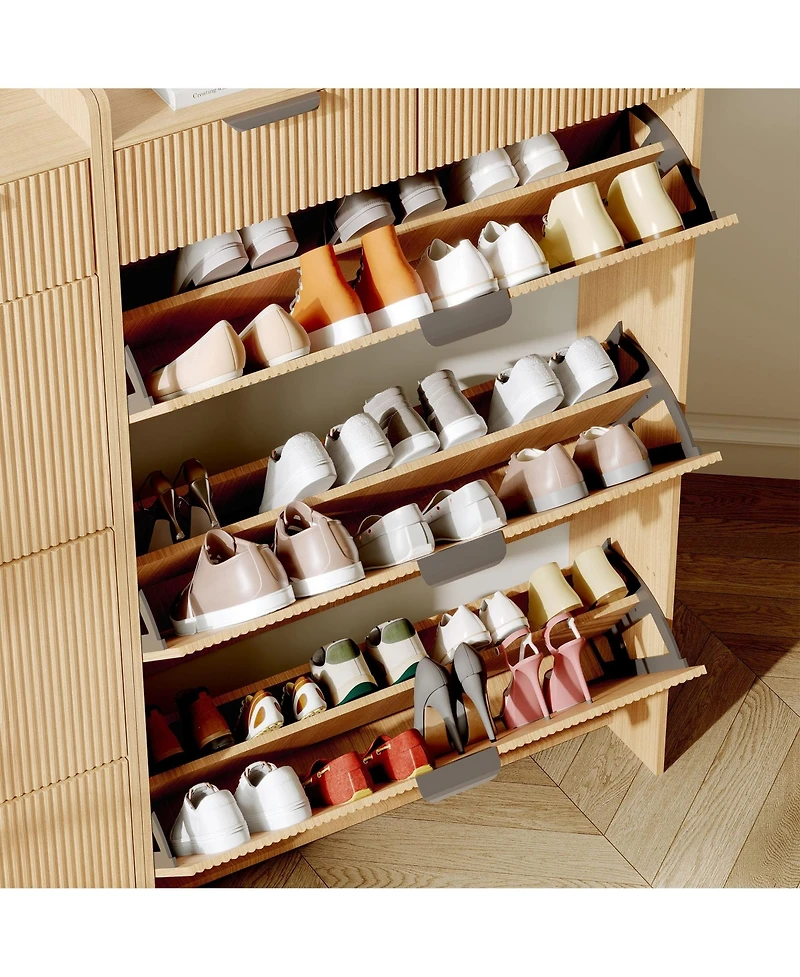 Homfan Modern Natural Shoe Cabinet with 3 Flip Drawers & 2 Small Drawers & Hook, Slim Fluted Shoe Storage Organizer, Narrow Entryway Cabinet