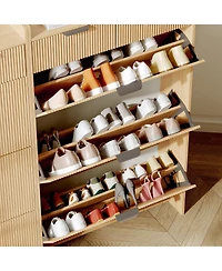 Homfan Modern Natural Shoe Cabinet with 3 Flip Drawers & 2 Small Drawers & Hook, Slim Fluted Shoe Storage Organizer, Narrow Entryway Cabinet