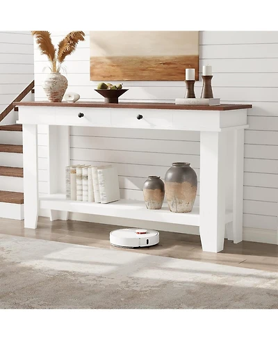gaomon 54" Farmhouse Rectangular Wooden Console Table with Drawers and Open Shelf