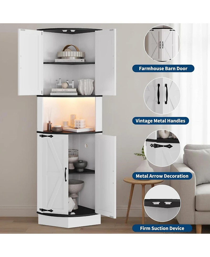 gaomon 64.6" Farmhouse Corner Cabinet with Led Light, Tall Bathroom Cabinet with 4 Barn Doors and 5 Tier Shelves, Freestanding Corner Bar Cabinet