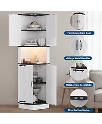 gaomon 64.6" Farmhouse Corner Cabinet with Led Light, Tall Bathroom Cabinet with 4 Barn Doors and 5 Tier Shelves, Freestanding Corner Bar Cabinet