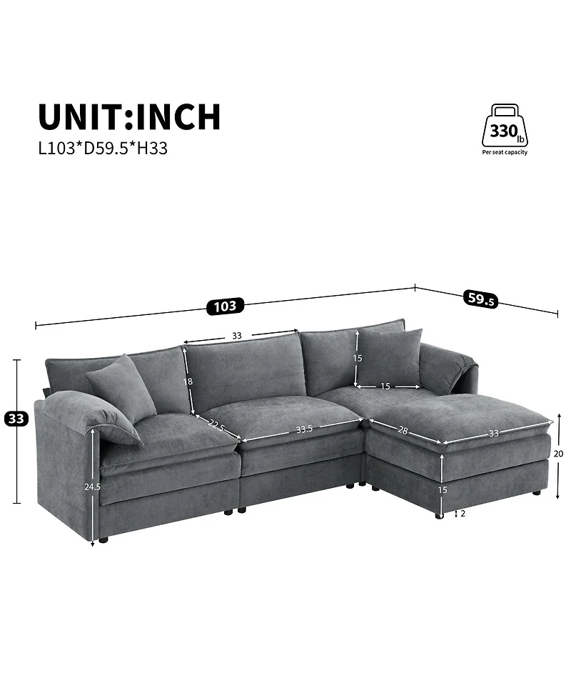 Streamdale Furniture 103" Chenille Modular Sectional Sofa with Deep Seat & Movable Ottoman