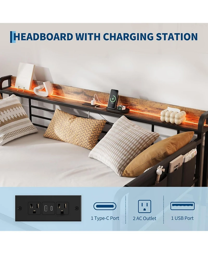 gaomon Daybed with Trundle Bed, Twin Bed Frame Storage Headboard & Charging Station and Led Light, Heavy Duty Metal Day Pop Up