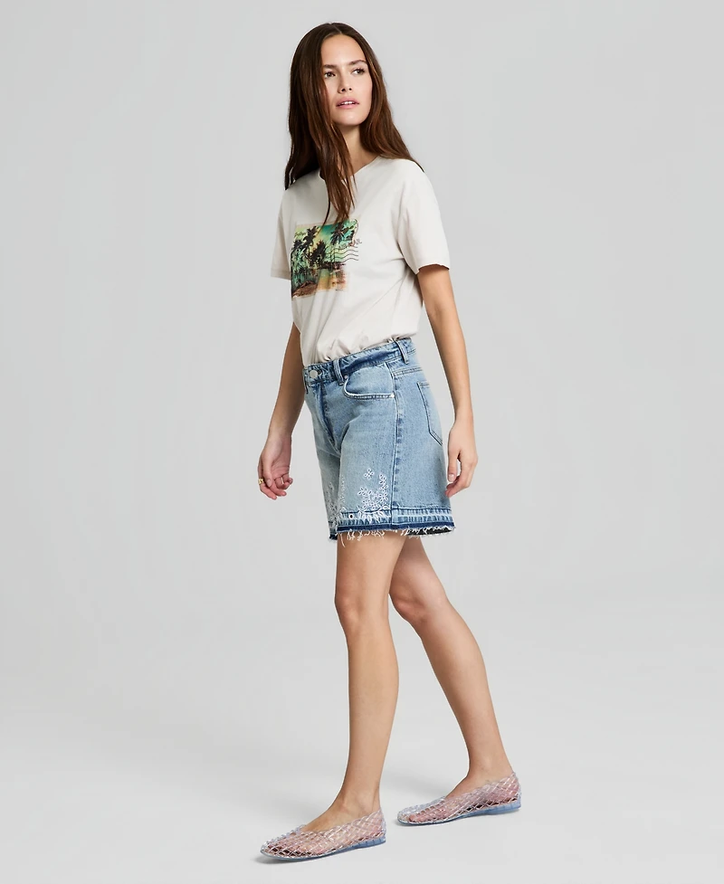And Now This Women's High Rise Embroidered Denim Shorts, Macy's Exclusive