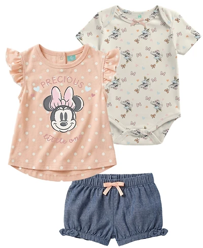 Disney Baby Girls' Minnie Print Top, Bodysuit and Shorts, 3-Piece Set