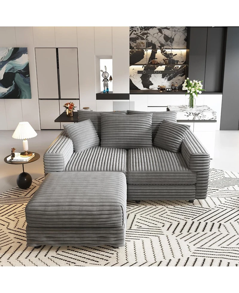 Streamdale Furniture 82.7" Corduroy Movable Ottoman 3 Seat Sofa